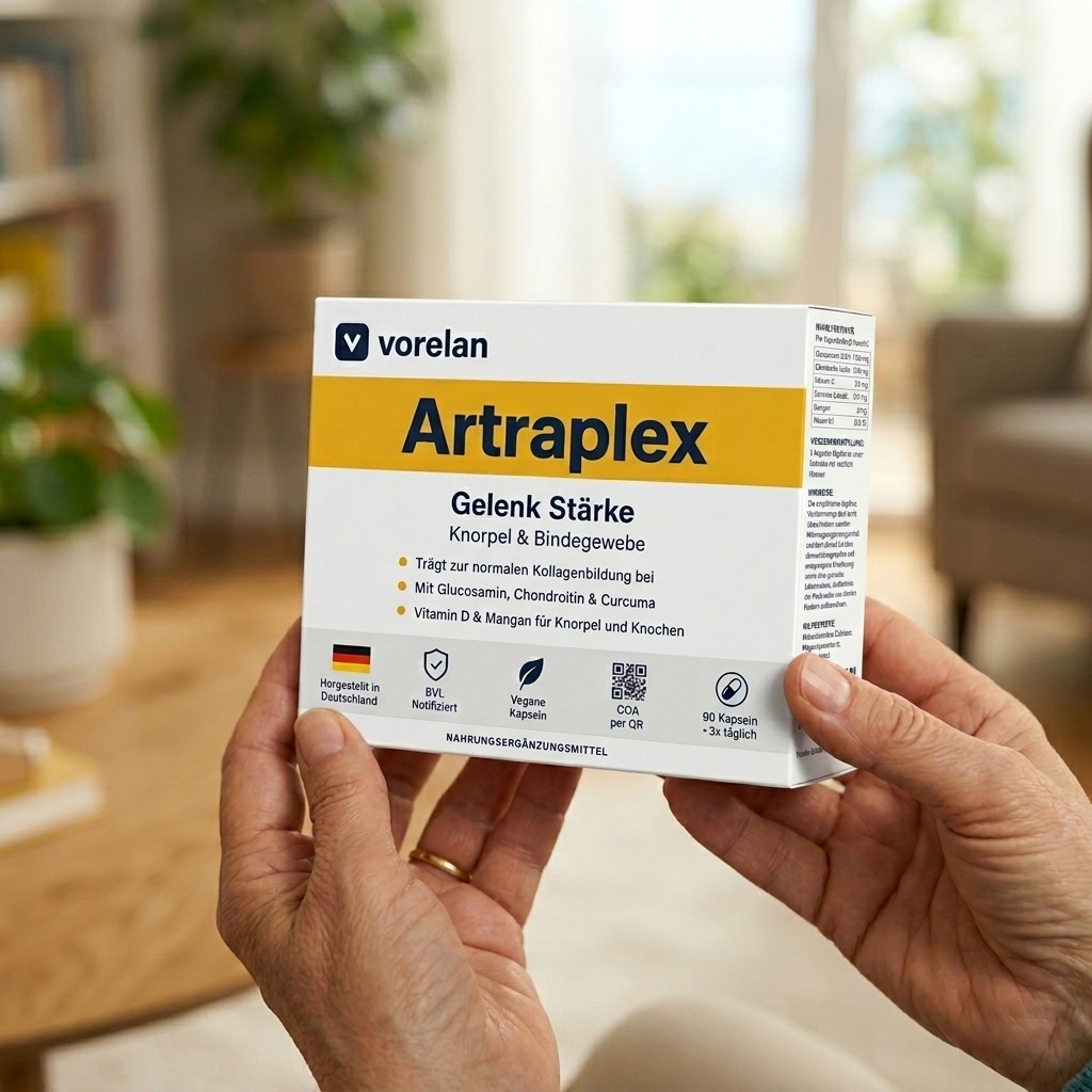 Artraplex Gelenk-Stärke Packung wird in den Händen gehalten