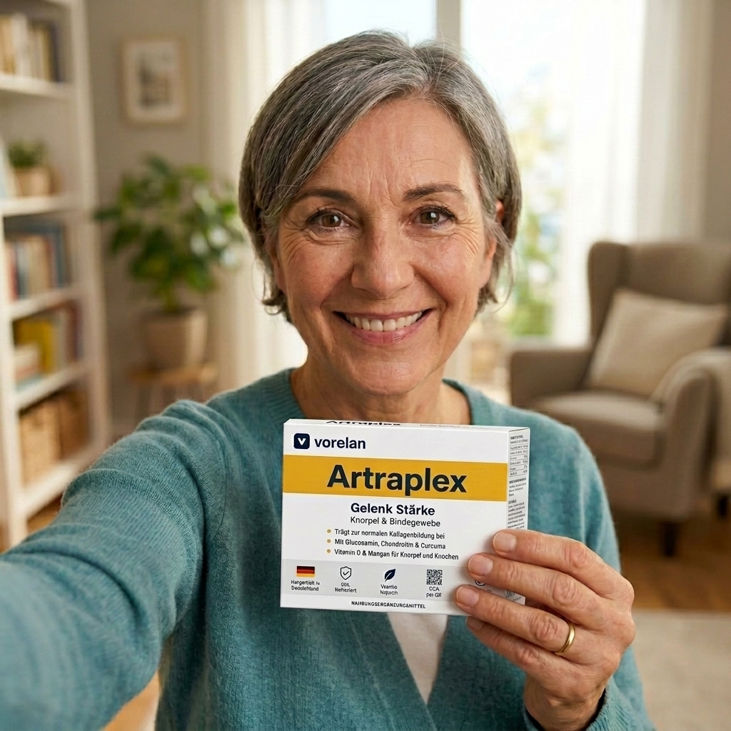 Frau ab 60 hält Artraplex Gelenk-Stärke zu Hause in die Kamera