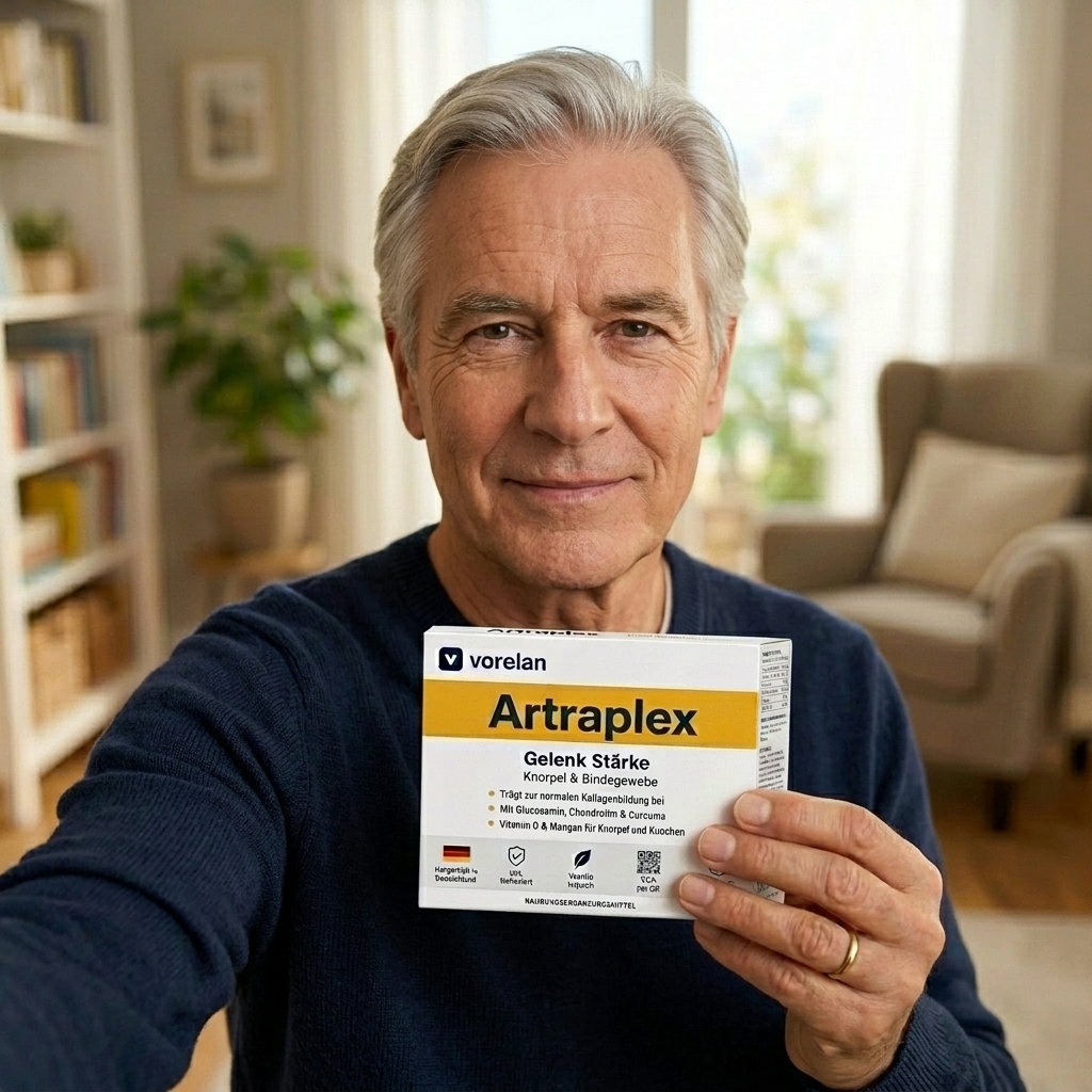 Mann ab 60 hält Artraplex Gelenk-Stärke zu Hause in der Hand