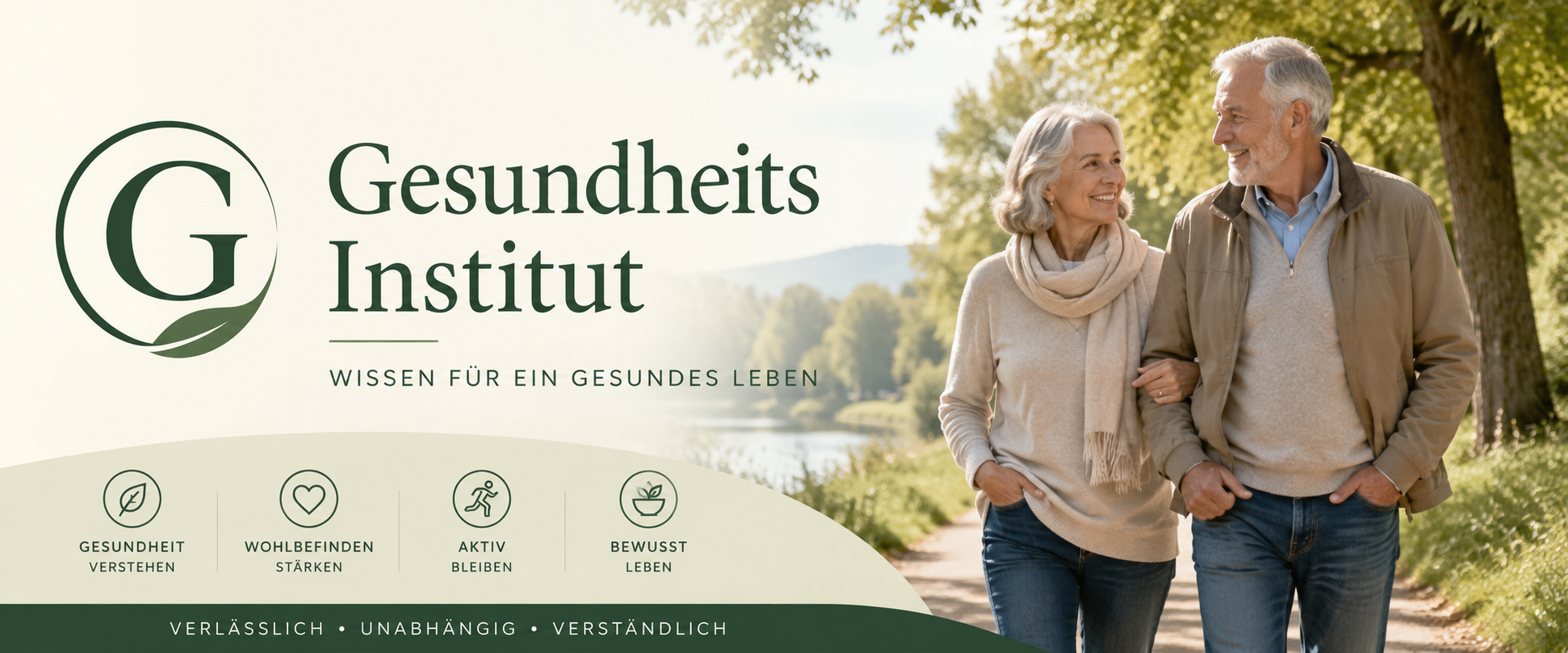 Gesundheits Institut mit älterem Paar beim Spaziergang am See
